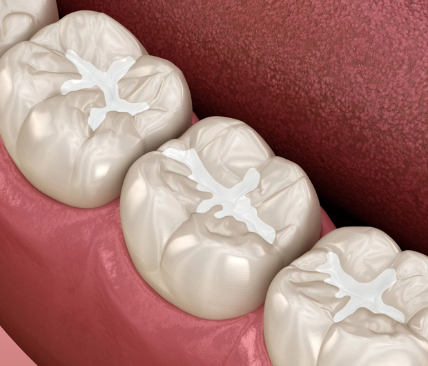 Three dental crowns on pink gum model showing restorative dental work and tooth restoration.