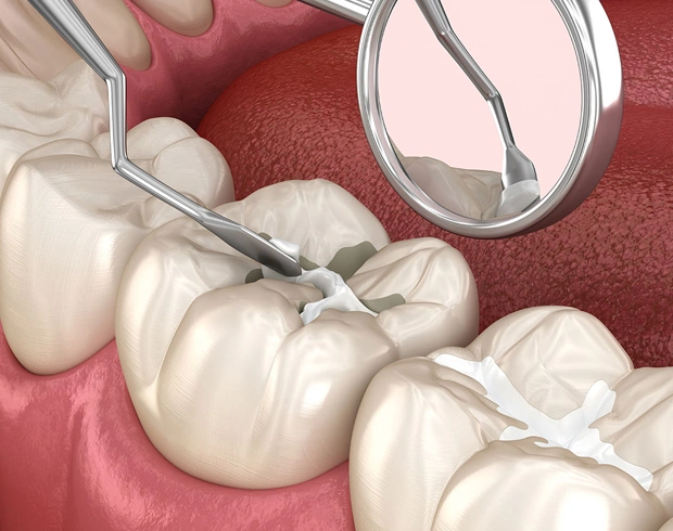 Dental mirror examining white tooth models on red surface in dental office setting.