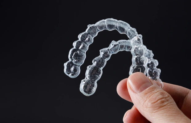 Person holding clear dental aligners against dark background, demonstrating orthodontic treatment option.