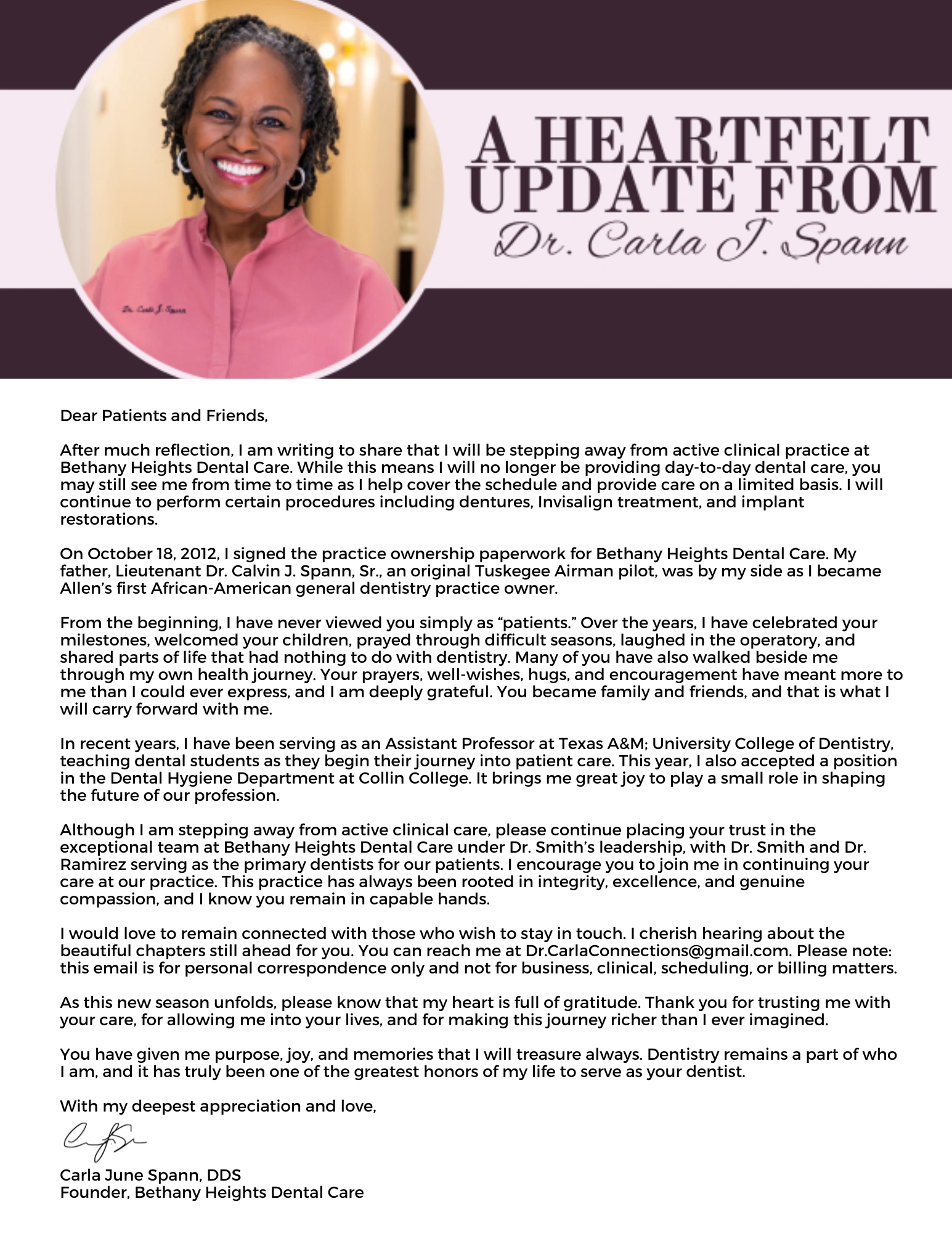 Dr. Carla J. Spann smiling in professional headshot for Heartfelt Dental Care website.